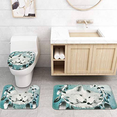 Ikfashoni 4 Stück Wolf Duschvorhang-Sets mit rutschfestem Teppich, WC-Deckelbezug und Badematte, Wolf Traumfänger… – Bild 5
