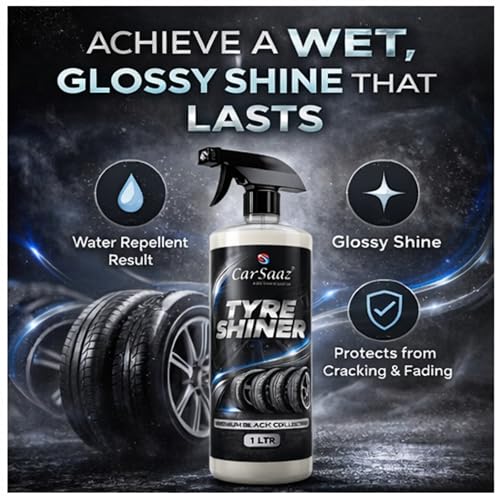 Image of CAR SAAZ Tyre Shiner 1L with Applicator Pad & Spray Nozzle for Car & Bike | Instant Shine, Long-Lasting Protection, Prevents Fading & Cracking, Increases Tyre Life