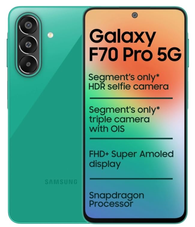 Image of Samsung Galaxy F70 Pro 5G (Aura Green, 128 GB) (8 GB RAM) | 6000 mAh Battery | 6.7 inch FHD+ Super AMOLED Display | Dimensity 6300 | Oualcomm Octa Core Processor |