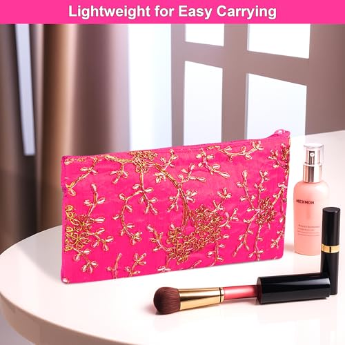 Image of Kuber Industries 2 Pcs Polyester Hand Purse for Woman with Zip | Lightweight & Compact Ladies Purse /Wallet for Travelling, Party, Wedding & Events | Embroidery Design - Pink