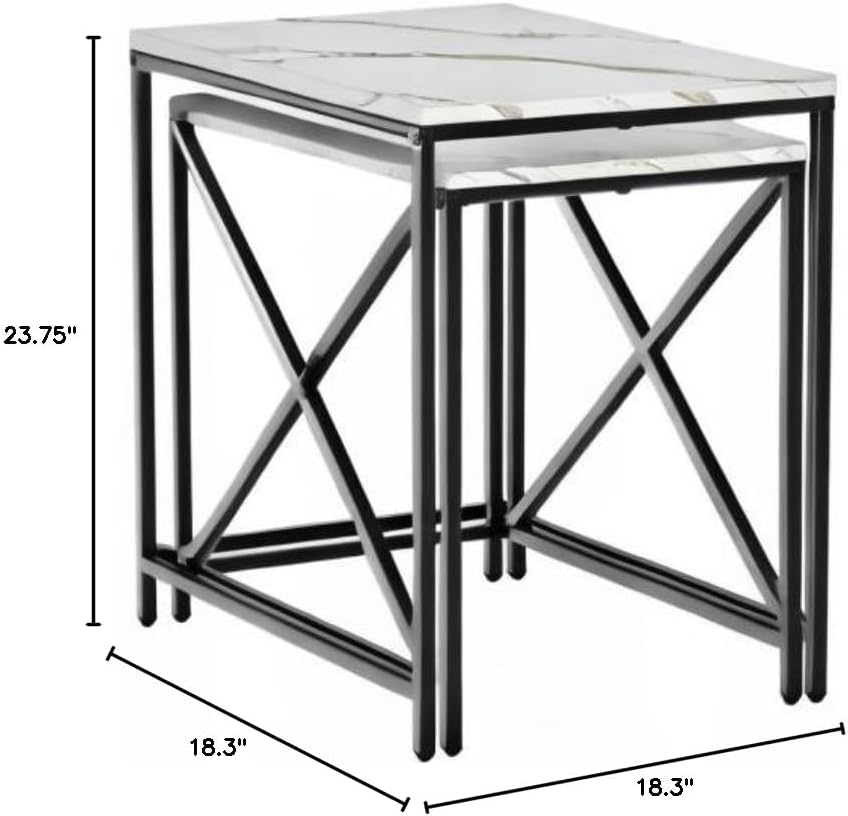 Set of 2 Square Marble Veneer Top Black Metal Nesting End Tables