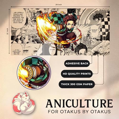 Image of Aniculture Demon Slayer Tanjiro Kamado Split Poster Set of 3, A4 Size Each - Panoramic Anime Wall Art Collage - 300 GSM Ultra HD Print Quality - Self-Adhesive - 24 x12 Inches Large Decor