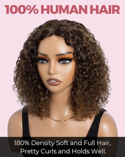 Style Icon Brown Short Curly Bob Wigs Human Hair Glueless Wig for Black Women 10 inch Middle Part Lace Deep Curly Bob Wig Non Lace Front Wig (Color: P4/30/27) - Image 2