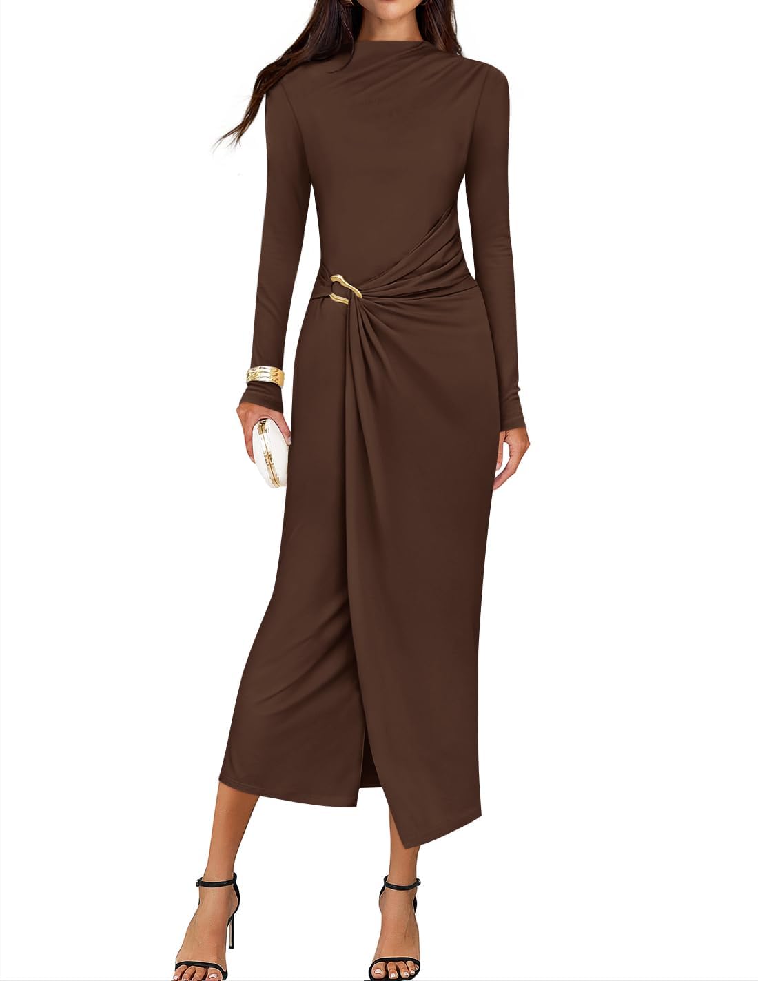 ZESICA Women's 2025 Fall Long Sleeve Bodycon Dress Mock Neck Wedding Guest Cocktail Party Long Midi Dresses, Brown, XL