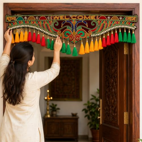 Image of ONESTA Welcome Shubh Labh Door Toran for Main Door | Traditional Handmade Decorative Bandarwal with Colorful Tassels & Embroidery | Door Hanging for Diwali Navratri Wedding Housewarming & Pooja Decor 3 Feet (Size 36 Inch Pack 01)