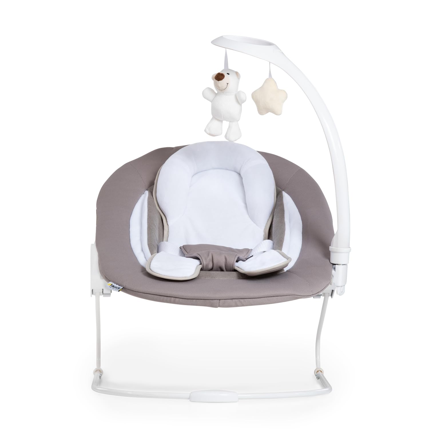hauck Alpha Bouncer Deluxe, Beige - Sdraietta Neonato con Arco Giochi, Schienale Regolabile e Base Dondolo per Seggioloni Alpha+ e Beta+ - con Cintura a 3 Punti e Riduttore di Seduta