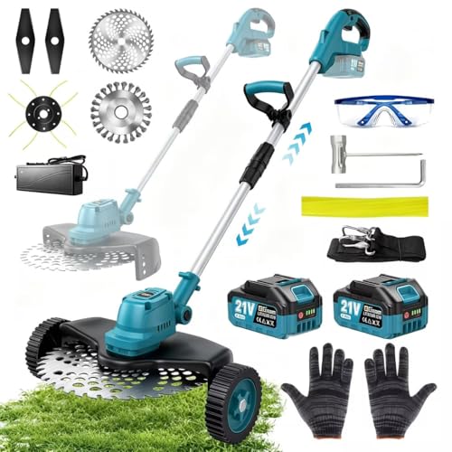 21000RPM Electric Weed Wacker Cordless-8000mAh 1000W Weed Eater Battery Powered with Wheel Adjustable Length 4in1 Lightweight Grass Trimmer/Brush Cutter/Weed Trimmer/Edger Tool for Garden Yard