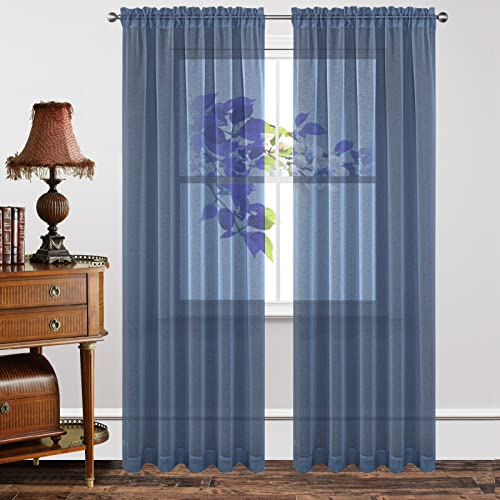 Joydeco Blue Sheer Curtains 84 Inch Length 2 Panels Set, Rod Pocket Long Sheer Curtains for Window Bedroom Living Room, Lightweight Semi Drape Panels for Yard Patio (54x84 inch, Navy Blue)