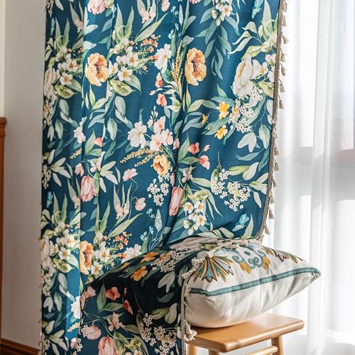 Image of Boho Floral Curtains French Country Farmhouse Curtains 72 Inches Long Light Filtering Window Rod Pocket Drapes for Living Room 2 Panels-Navy Blue Floral