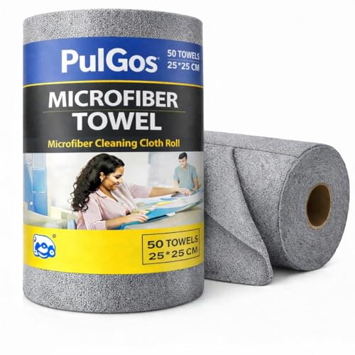 Image of PulGos 50pcs Microfiber Cleaning Cloth Roll - 25x25cm | 4000x Washable - Cheaper Than Regular Cloths - Ultra-Absorbent Lint-Free Rags | Tear-able Reusable Towels for Kitchen, Home, Car & Auto