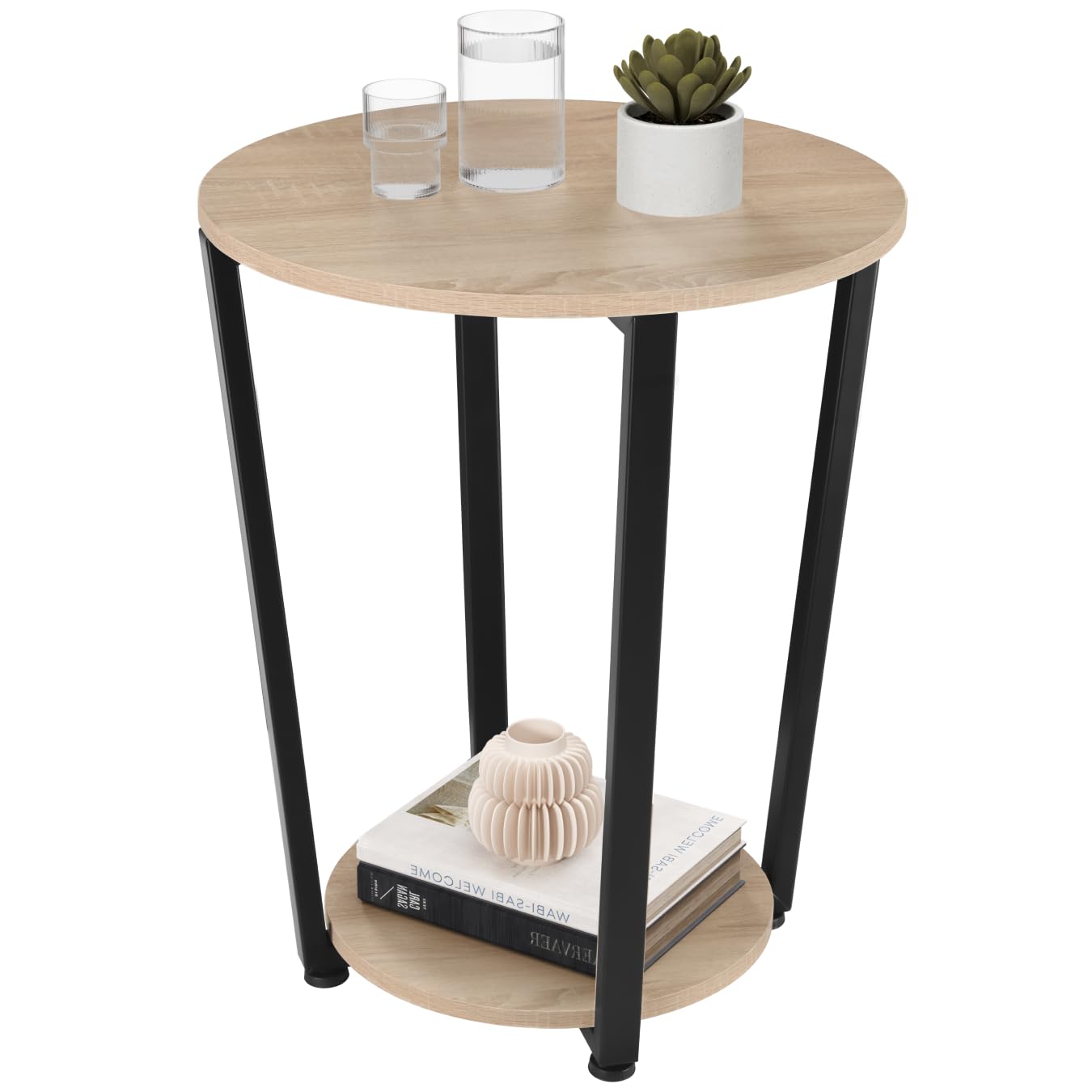 tectake® Mesa Auxiliar Redonda con Pies Ajustables, para Salon cómo Mesa de Centro o Dormitorio cómo Mesitas de Noche, Decoracion Hogar - 50 x 50 x 62,5 cm Madera Industrial Clara, Roble Sonoma