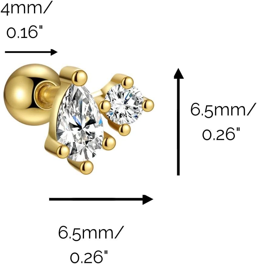 Stella Swirl 14K Gold Plated Two Stones Cluster Barbell Cartilage Piercing Earrings Pear Shape Fancy Cut Second Earlobe Hypoallergenic 925 Sterling Silver Earring Studs With Screw On Backings