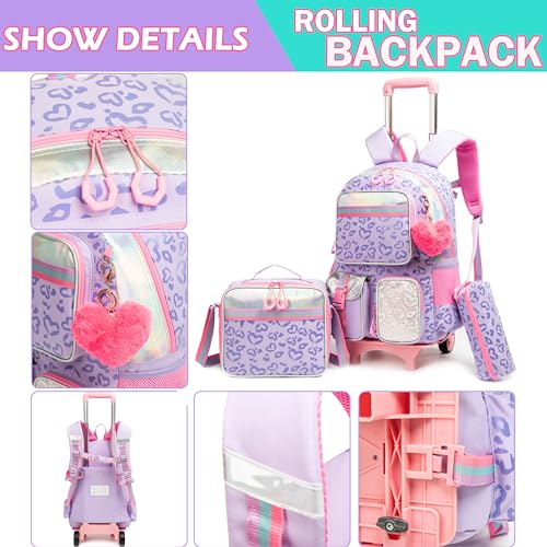 Sac à dos à roulettes pour filles mignon et imperméable avec boîte à lunch - 4