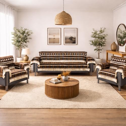 Image of Elegant Woven Brown Sofa Cover Soft Chenille Traditional Pattern with Lace Style | L-Shape Sectional Seat Protector for Living Room | Durable & Stylish Slipcover 5 Seater with Arms
