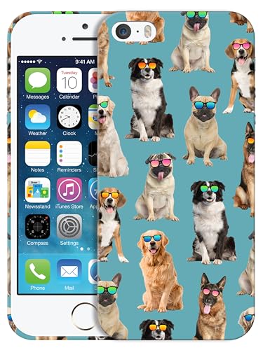GlamCase for iPhone 5 / 5S / SE 2016 Case - Dog Pattern with Sunglasses Teal Printed Slim & Sleek Cute Plastic Hard Protective Designer Back Phone Case/Cover for iPhone 5 / 5S / SE 2016