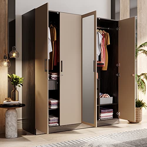 Image of Wakefit Wardrobe | 1 Year Warranty | Engineered Wood Almirah, Cupboard for Clothes Storage | 4 Door, Mirror, 5 Shelves, 1 Partition, 3 Drawers, 2 Hanging Space | Cashmere Plus - Wyoming Maple-Frappe