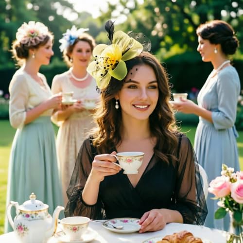 Image of DRESHOW Fascinators Hat Flower Mesh Ribbons Feathers on a Headband and a Clip Tea Party Headwear for Girls and Women