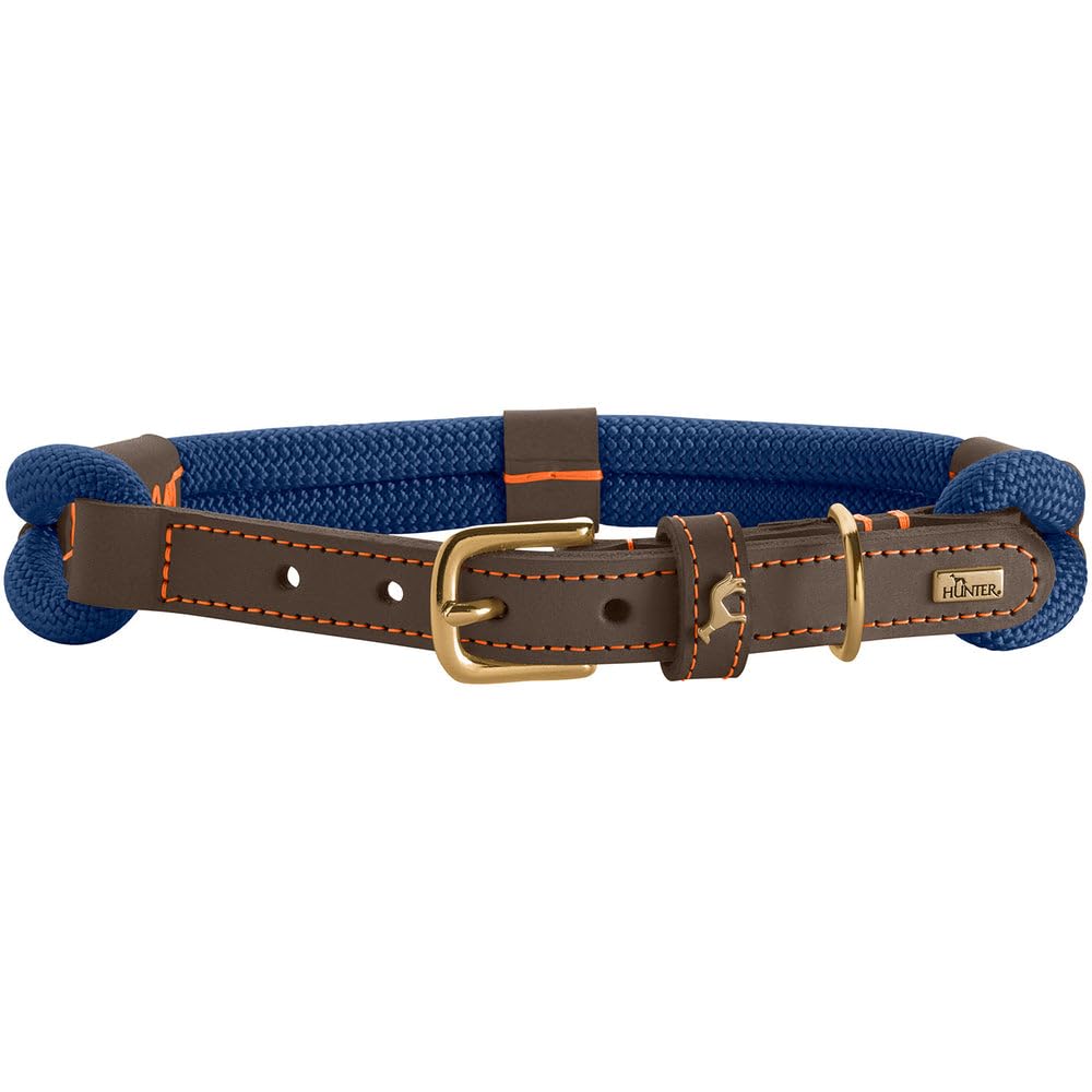HUNTER Malia Dog Collar, Colour: Dark Blue/Dark Brown, Made of Soft Rope and Robust Leather, Lightweight, Durable
