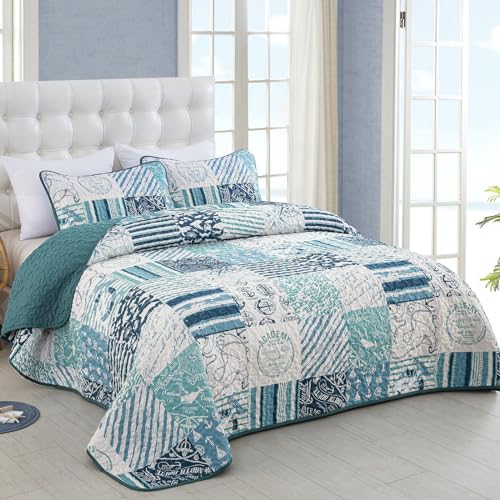 Dinjoy Summer Nautical Ocean Quilt Set Queen Size, Beige Blue Green Beach Coastal Themed Bedding Set Retro Anchor Sailboat Pattern Microfiber Lightweight Bedspread Coverlet Bed Set (96x90 Inch) - Image 2