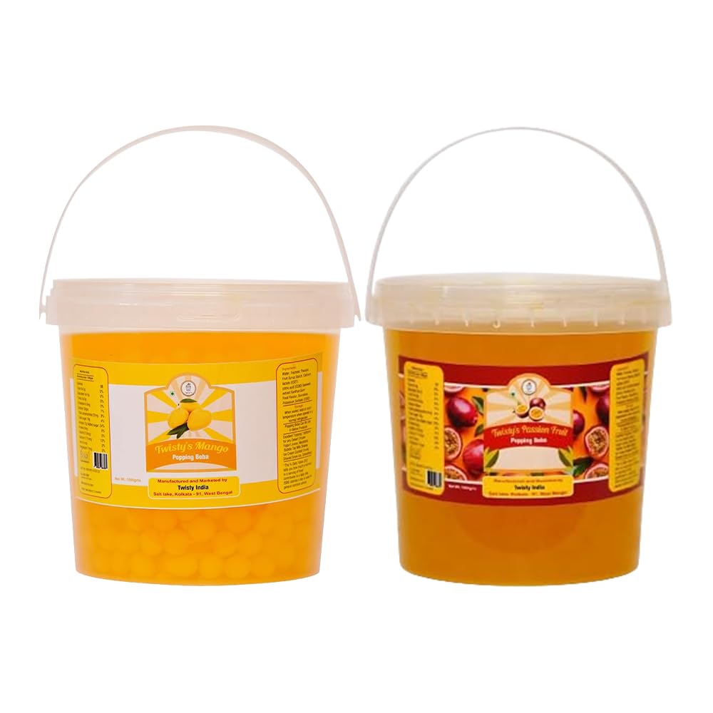 Twisty The Boba Station® Boba Combo Pack of 2 | Popping Boba Mango & Passion Fruit Flavors 1 Kg Each for Bubble Tea, Milkshakes, Ice Cream & Yogurt | Vegan, 20 Straws Included-image-21