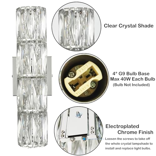 SAMTEEN Chrome Crystal Wall Sconce Modern 4-Light Crystal Sconces Wall Lighting Tube Shape Glass Wall Light Fixture for Bedroom Living Room Hallway Kitchen Bathroom Vanity Light - Image 4