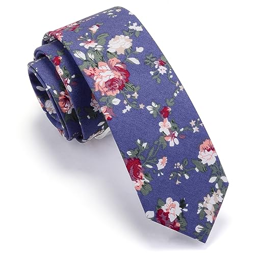Image of GUSLESON Fashion 2.4 inch(6cm) Floral Skinny Tie for Men Slim Flower Print Cotton Necktie for Wedding Party