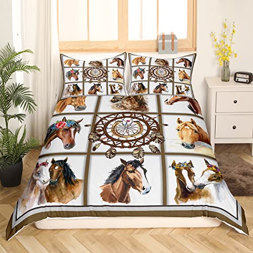 Horses Duvet Cover Wild Animal Ethnic Plaid Patchwork Pattern Bedding Set For Kids Teens Adults Exotic Tribal Dream Catcher Decor Comforter Cover With 2 Pillowcases Queen Size 3 Pcs #TOP2