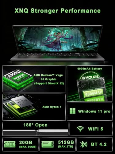 Image of XNQ Gaming Laptop 2026, AMD Ryzen 7, 15.6inch Laptop Computer, 8C /16T, Up to 4.1GHz, 20GB RAM 512GB SSD, Radeon Vega 10 Graphics, Win 11 pro, Up to 2TB, IPS 1080p FHD, 6000mAh, WiFi 5, Backlit,