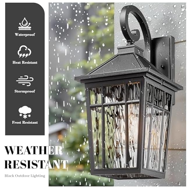 Outdoor Wall Lights 14 Inch Exterior Waterproof Lighting Fixtures Aluminum Material and Water Ripple Glass E26 Socket Black Outdoor Lights for House Garages