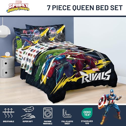 Image of Marvel Rivals Queen Comforter Set 7 Piece Soft Bedding for Boys, Multi | Avengers, Comforter Sheets Shams Pillowcases, Official Product, Soft Microfiber, Machine Washable, Boys Gift