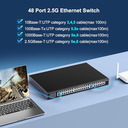 Image of 48-Port 2.5G Switch Unmanaged, 48 x 10 /100 /1000 /2500Mbps RJ45 Ports, Plug & Play 2.5G Ethernet Switch, 48 Port Switch Multi-Gigabit 2.5G Metal Housing, Desktop /Wall-Mount, for Home & Office Network