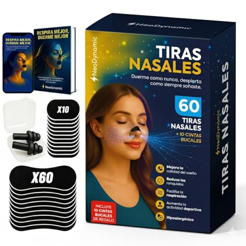 60 Tiras Nasales Deportivas + 10 Mouth Tape + Tapones oidos + E Book de Regalo, tiras nasales para dormir, nose strips, tiritas nariz respirar, respirar mejor por la nariz, tiras antironquidos nasal