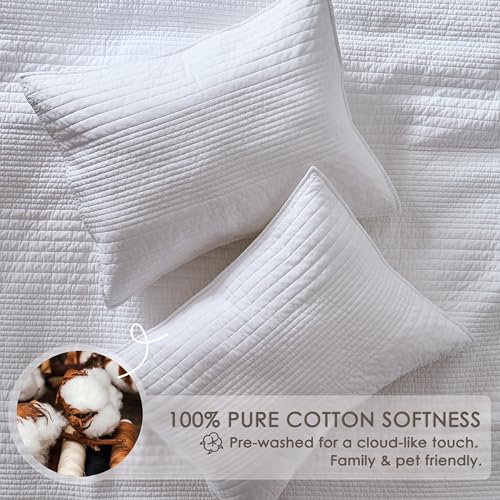 Image of palassio Striped White 100% Cotton Quilt Queen Size Bedding Sets, Lightweight Crinkly Channel Pick Stitch Textured Bedspread Soft Shabby Chic Farmhouse Country Coverlet for All Season, 2 Shams