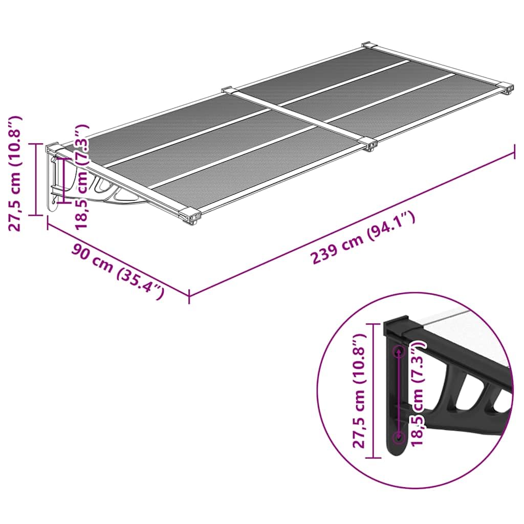 vidaXL Marquesina de Puerta, Toldo para Porche Ventana, Refugio de Lluvia Nieve, Marquesina Exterior, Policarbonato Negro y Transparente 239x90 cm