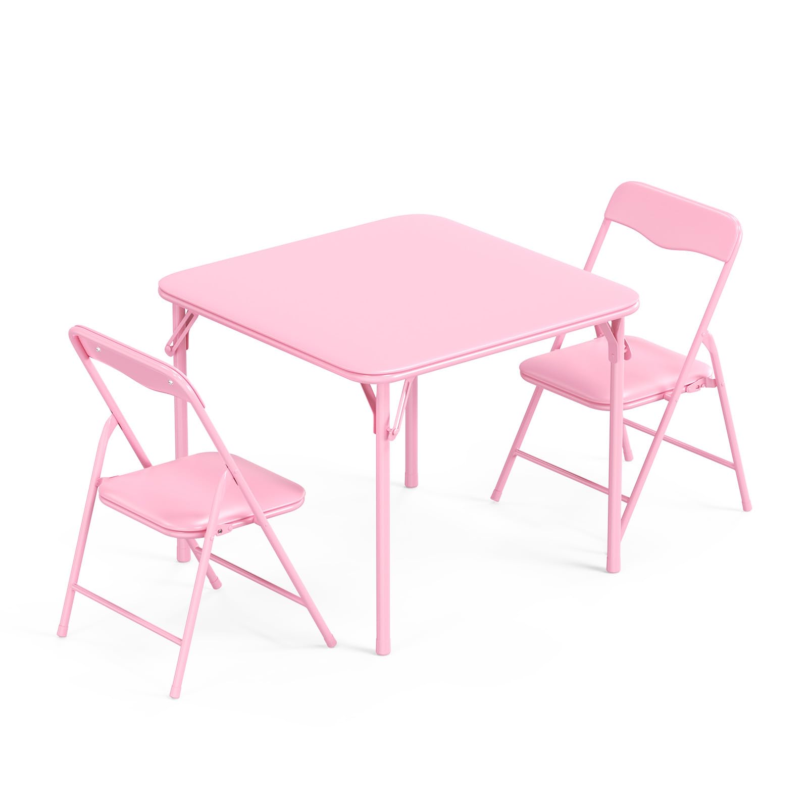 JOYMOR Kids Folding Table and Chairs Set, 3-Piece Metal Frame Activity Set with Easy-Fold Design for Playroom &amp; Classroom (Pink)