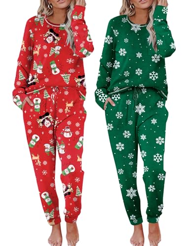 Image of Ekouaer 2 Pack Womens Pajama Sets Long Sleeve Lounge Sets Soft Pj Sleepwear Loungewear