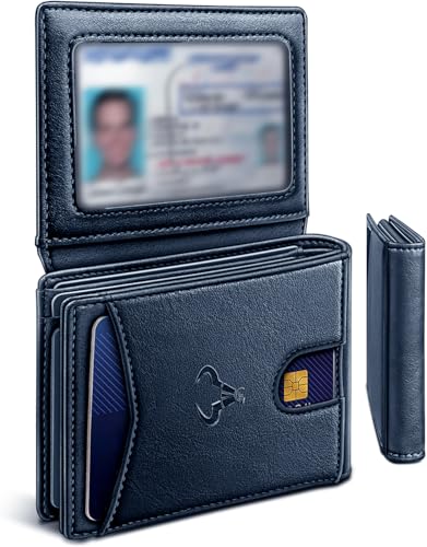 Image of Contacts Slim RFID Blocking Leather Wallet for Men - Minimalist Bifold Card Holder with 11 Slots, ID Window & Cash Pocket - Front Pocket Wallet Gift for Daily Use & Travel (Blue)