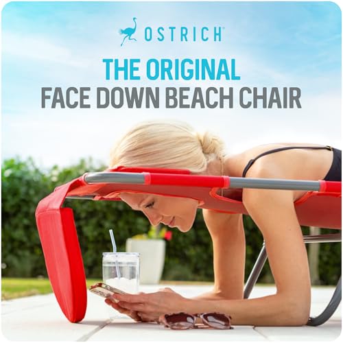 Image of Ostrich the Original Chaise 72 x 22 Inch Lounge Portable Reclining Lounger, Outdoor Patio, Beach, Lawn, Camping, or Pool Tanning Chair, Red