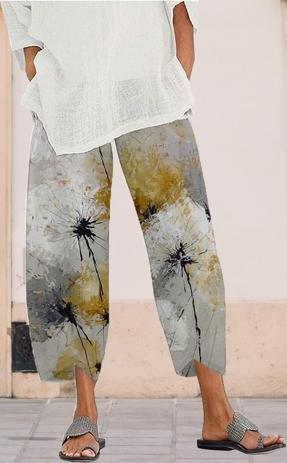 Cropped Capri Pants for Women Dandelion Print Pants Casual Wide Leg High Waist Boho Floral Relaxed Fit Lounge Trousers2