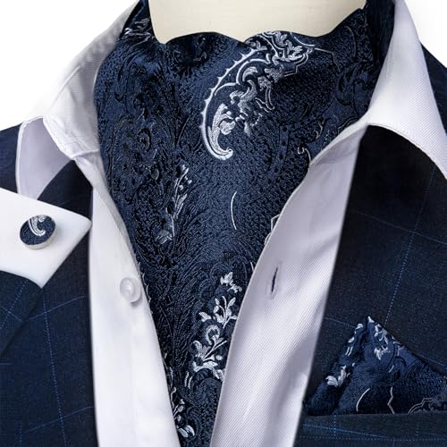 Image of DiBanGu 3PCS Ascot Ties for Men Wedding Jacquard Woven Silk Ascot Cravat for Men Cravat Tie and Pocket Square Set