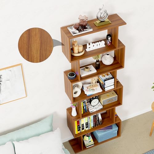 Image of Lukzer 6-Layer S-Shape Ladder Bookshelf | Engineered Wood Open Display Rack | MR-002 /Oak Brown | Modern Bookcase for Living Room, Office & Study Room /Library | Home Storage Organizer (178x70x24 cm)DIY