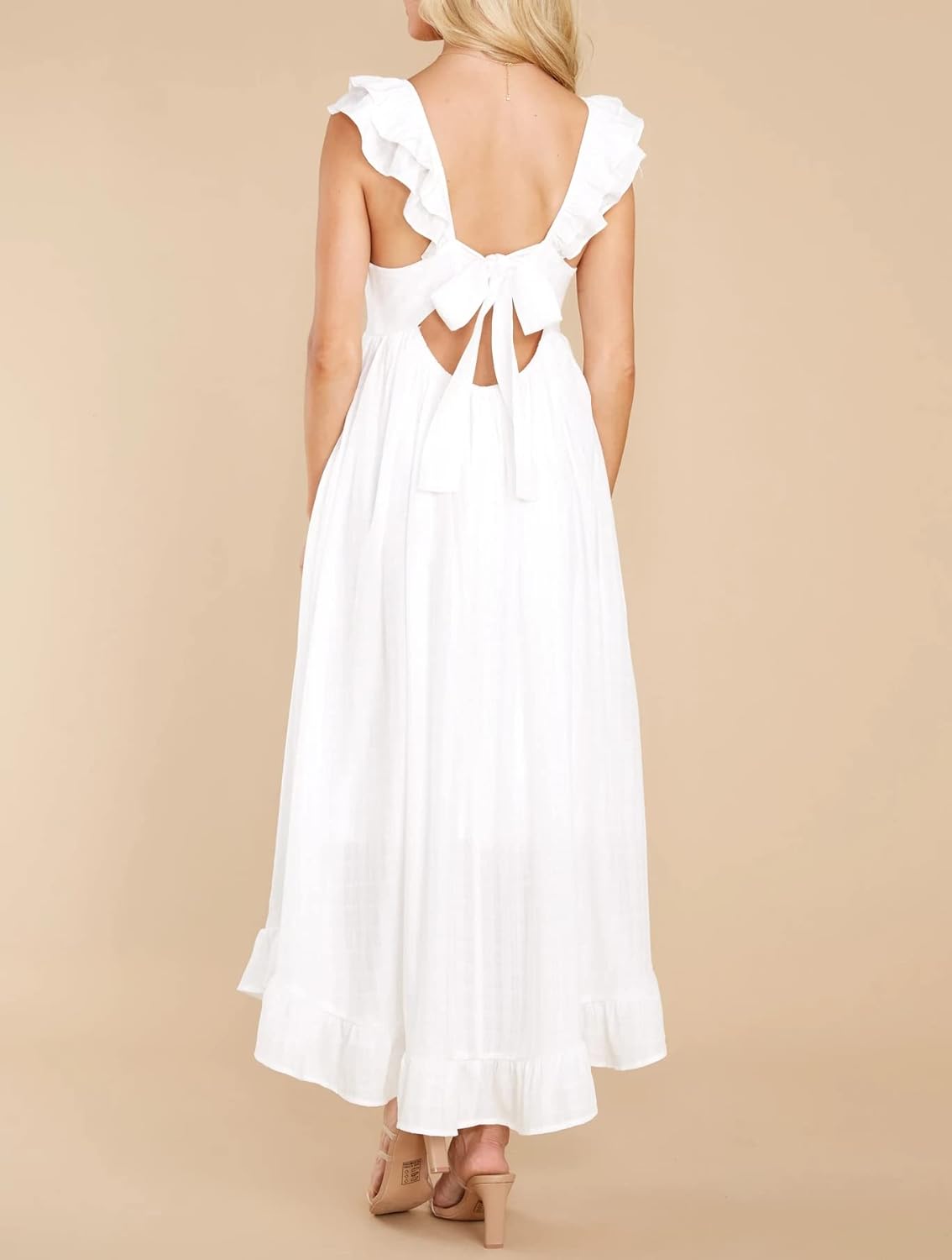 R.Vivimos Summer Dress for Women Sleeveless Boho Ruffle Square Neck Tie Back Casual Backless Flowy Midi Dress - Image 5