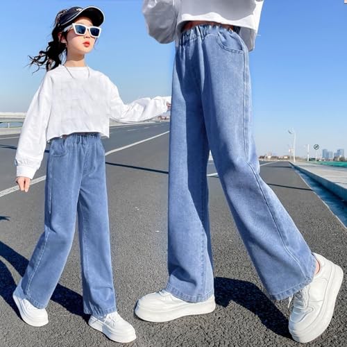 Girl’s Elastic Waist Jeans Wide Leg Demin Pants Loose Casual Trendy Streetwear Long Pants with Pockets for Teen Girl2