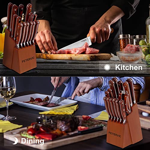 FETERVIC Knife Set 16 PCS High Carbon Kitchen Knife Sets Wooden Block