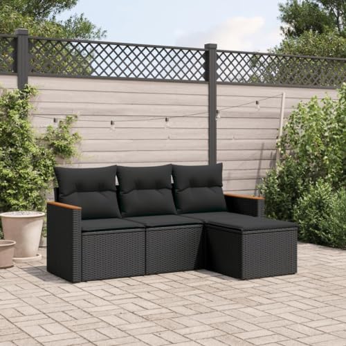 KATERYY Juego de sofás jardín 4 pzas con Cojines ratán sintético Negro,Conjunto de sofás de jardín de ratán PE Modular y Resistente para Exteriores Conjuntos de Muebles de Jardín