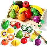 Fajiabao Wooden Play Food Set for Kids Kitchen Montessori Toddlers Toys 1-3 Pretend Cutting Fruit Educational Easter Birthday Gifts for Girls Boys 2 3 4 Year Old