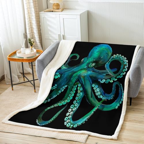 Feelyou 3D Green Octopus Fleece Throw Blanket, 50'x60', Black, Print, Microfiber/Polyester Sherpa Blend, Modern, Unisex, Reversible, Heavy Weight, Camping, Reading, Travel