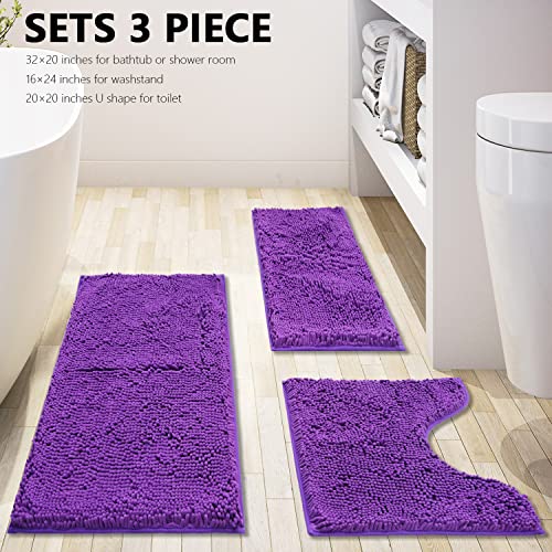 Image of Bathroom Rugs Chenille 3-Piece Extra Soft and Absorbent Shag Bathroom Rugs, Machine Wash Mat, Strong PVC Non-Slip Underside, Plush Carpet Mats (Violet)