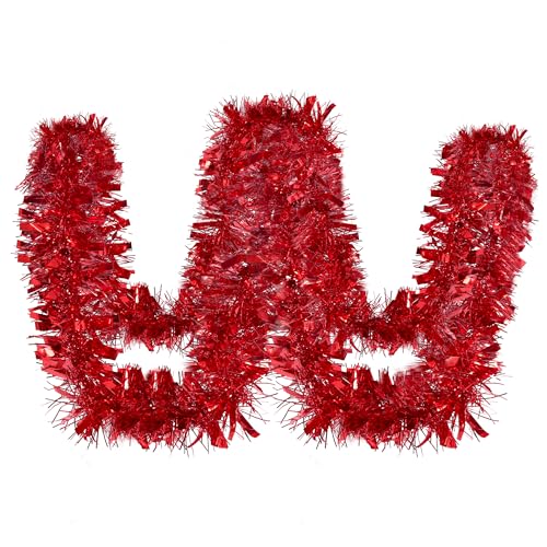 HuiCloud 10M/32Feet Christmas Tinsel Garland, Red Metallic Shiny Thick Hanging Tinsel Garland for Christmas Tree Decoration Wreath Wedding Xmas Party Supplies