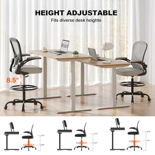 Image of Ergonomic Drafting Chair, Tall Office Chair with Flip-up Armrests, Breathable Mesh High Desk Chair with Lumbar Support Adjustable Footrest Ring for Standing Desk Gray